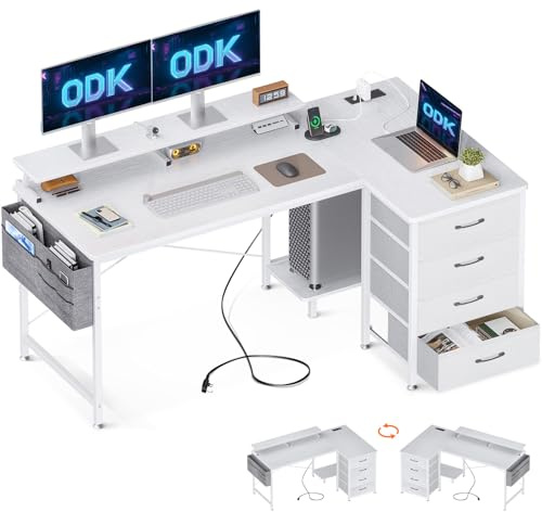 ODK L Shaped Computer Desk with Drawers & Monitor Stand, 140 x 80 cm, White