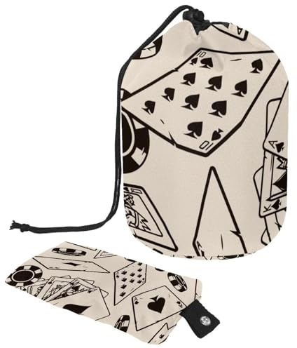 Drawstring Makeup Bag, Barrel Shaped Travel Cosmetic Bag Make up Bags, Foldable Toiletry Organizer Storage Pocket for Women&Girls - Spades Poker Card and Chips