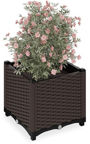 Relaxdays Huerto Urbano, Efecto Ratán, 38 x 40 x 40 cm, Jardín, Balcón y Terraza, Depósito de Agua, Jardinera, Marrón