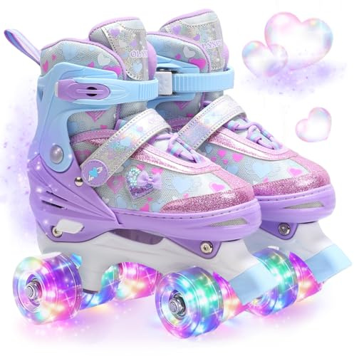 OLYSPM Pattini a Rotelle Bambina con Cuori Sognanti e Ruote Luminose,4 Taglie Regolabili,Pattini 4 Ruote per Bambino Bambini Principianti Regalo(Viola,S)