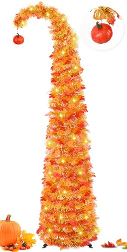 Árbol de Navidad artificial de 150 cm color naranja con 15 luces en forma de bola y adornos, árbol de Navidad plegable Pop Up con iluminación, árbol de Navidad brillante para decoración de interiores