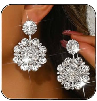 Atigy Silver Rhinestone Flower Earrings Crystal Large Drop Earrings Sparkly Bridal Earrings Jewelry for Women (Silver)
