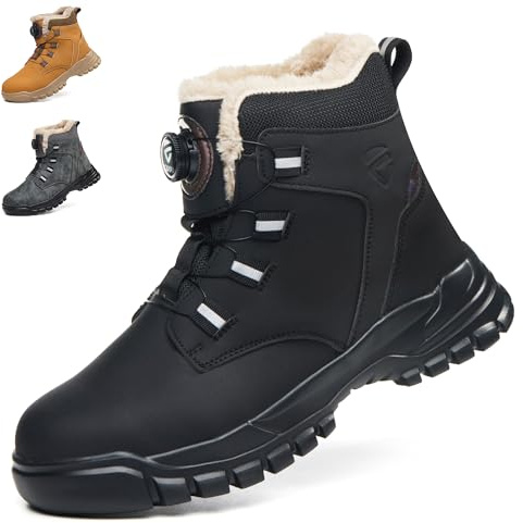 KOIFISH Winter Work Boots Mens Womens Warm Fur Lined No Lace Steel toe Cap Boots Comfortable Anti Slip Lightweight Safety Shoes Black