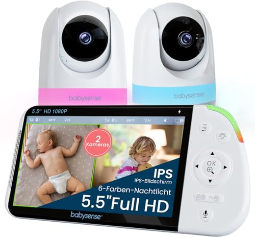 Babysense Babyphone Full HD con schermo diviso a 2 camere, luce notturna a 6 colori, rilevatore di rumori e luci, batteria da 20 ore, connessione sicura senza WLAN
