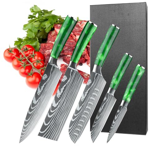 MDHANDD 5 Pièces Set Couteau Cuisine Super Aiguisé, Couteaux de Cuisine Professionnel Set en Acier Inoxydable à Haute Teneur en Carbone, Couteaux de Cuisine avec Ergonomique verte résine Poigné