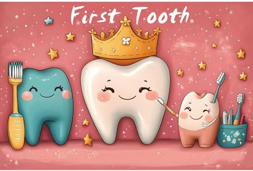 YongFoto My First Tooth Backdrop 7x5ft Cute Cartoon Crown Teeth Toothbrush Photography Background 1st Birthday Baby Party Banner Cake Table Decor Christening Infant Photoshoot Wallpaper Photo Booth