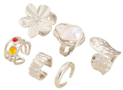 Vintage French Court Silver Rings Set, 6 Piece Baroque Style Pearl Flower Adjustable Ring Collection with Gemstone Accents