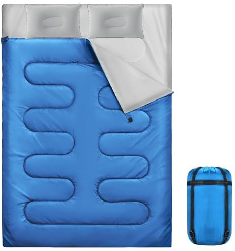 Sacco a pelo, 3-4 stagioni, doppio sacco a pelo con 2 cuscini, extra large, leggero, impermeabile, per uso interno ed esterno, per adulti, per escursionismo, zaino in spalla e campeggio (blu doppio)