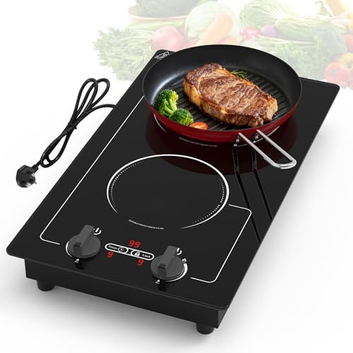 VBGK plaque induction 2 feux,220V 3000W avec écran tactile LED, 9 niveaux de puissance, sécurité enfant et minuterie, protection contre la surchauffe, bouton rotatif et commande tactile