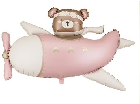 Pallone PALLONCINO a forma di AEREO Rosa con Orso orsetto Teddy Bear - foil Mylar - addobbo decorazione feste, compleanno, nascita bimba bambina - 11X81,5cm - gonfiabile ad aria o ad elio