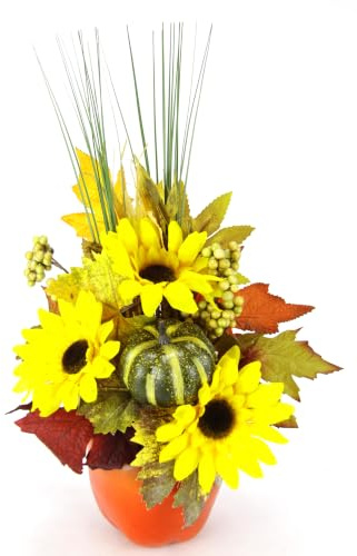 Gesteck aus Sonnenblumen mit Kürbis im Apfel-Topf Kunstblumen Arrangement Künstlich Deko Tischdeko Herbstdeko Sommergesteck Blumen Strauß Fensterbank