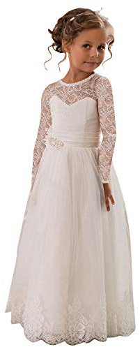 Lace Embellished A-Line Sleeveless Girls Wedding Party Dresses (Ivory Long Sleeves, 10)