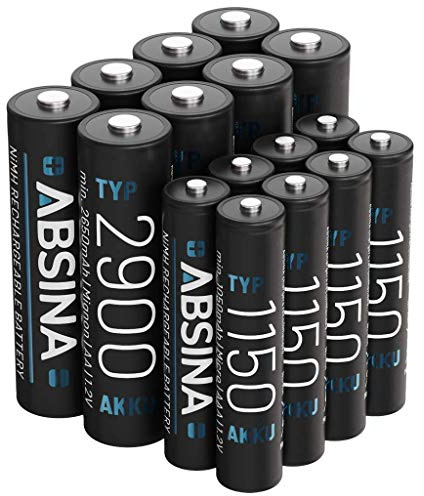 ABSINA 8 Stück AA Mignon 2900 & 8 Stück AAA Micro 1150 NiMH Akkus | Wiederaufladbarer Akku mit 1,2V für Geräte mit hohem Stromverbrauch - ideal für Blitzgerät Telefon Wii & Xbox Controller