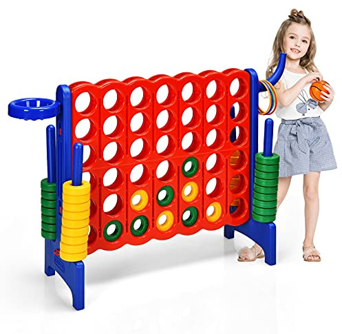 COSTWAY Conecta 4 Gigante, Mega 4 para Niños y Adultos, Juego de Exterior 74 cm con Canasta y Juego de Lanzamiento de Anillos, 42 Piezas Gigantes, Guida de Soltar Fácil (Azul)