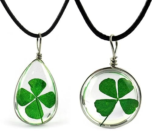 Lyxtiorn 2 piezas Collar con colgante de trébol genuino de cuatro hojas unisex transparente de la suerte con colgante en forma de corazón Collar Joyas Regalos