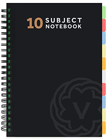 VABE UK A4 Subject Notebook with 10 Dividers - 300 Pages Lined Spiral Notebook (150 Sheets) - 100gsm Writing Pad - Large A4 Lined Jotter with Thick Matte Laminated Cover (Pack of 1, BLACK)