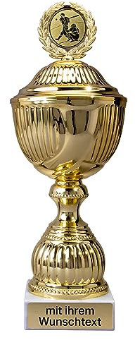 Deitert Pokal 12er Serie in Gold mit Deckel - 26,4 cm Trophäe mit Wunschtext graviert und Sportemblem nach freier Auswahl - Sportpokal mit Marmorsockel für Ihre Siegerehrung 59220