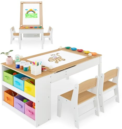 COSTWAY 2 en 1 Table Enfant avec 2 Chaises & Plateau Inclinable, Bureau Enfants en Bois avec 6 Boîtes de Rangement & Rouleau de Papier, Charge 91/75kg pour Jouer Dessiner Manger (Naturel)
