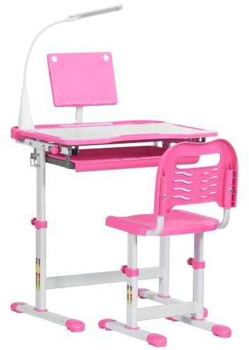 HOMCOM Juego de Escritorio y Silla Niños Altura Ajustable +6 Años Rosa | Pupitre Infantil, Escritorio Infantil, Mesa Inclinable, Lámpara, Cajón, Estante para Libros