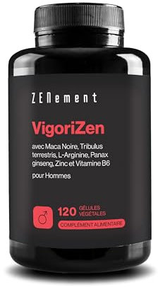 VigoriZen avec Maca Noire, Tribulus terrestris, L-Arginine, Ginseng, Zinc et Vitamine B6 – Testostérone et Métabolisme Énergétique Masculin – 120 Gélules Véganes – Zenement