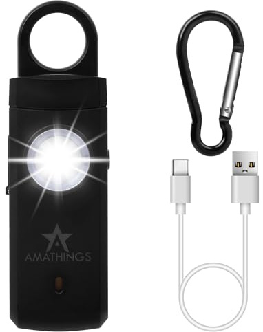 AMATHINGS USB-C Taschenalarm Schwarz 130dB - Wiederaufladbar via USB-C Persönlicher Sicherheitsalarm mit LED-Taschenlampe, Karabinerhaken, Wiederaufladbar für Frauen, Kinder, Selbstverteidigung