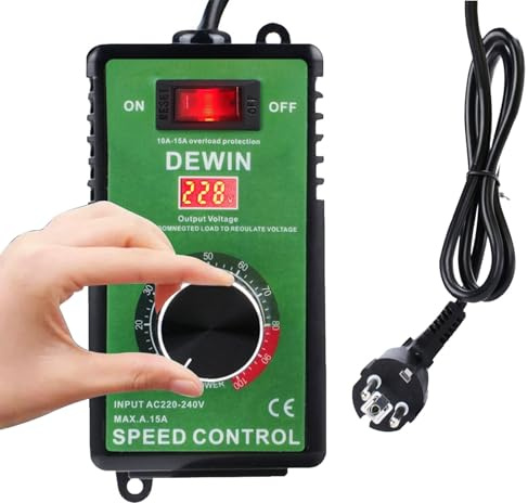 DEWIN Hastighetsregulator, varvtalsregulator, 230 V, motor, fläktstyrning, steglös varvtalsregulator, spänningsregulator, 15 A, överbelastningsskydd för vinkelslip/blås/handborr/cirkelsågar