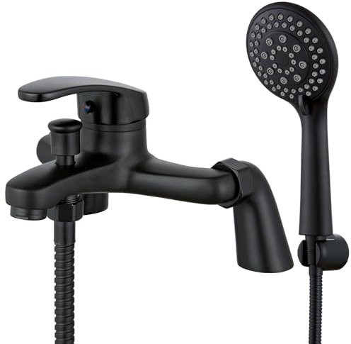 Eovem Black Bath Mixer Tap, Single Lever Bathroom Shower Mixer Taps Round Tub Taps with Shower Attachment