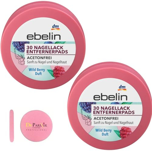 2x ebelin Nagellackentfernerpads Wild Berry, Acetonfreie Formel, Mit Beerenduft,Nail Polish Remover Pads Acetonfrei, Mild und Pflegend, Reisegröße, 2x30 pads von Balea +Bonus:Gesichtsreinigungsschwamm