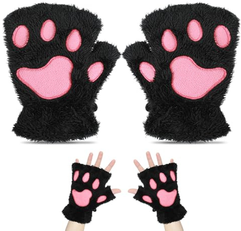 Grevosea Cat Paw Fingerless Gloves, Furry Paws Gloves Faux Fur Plush Furry Cat Claw Glove Cute Cosplay Costume Accessories for Women (Black)