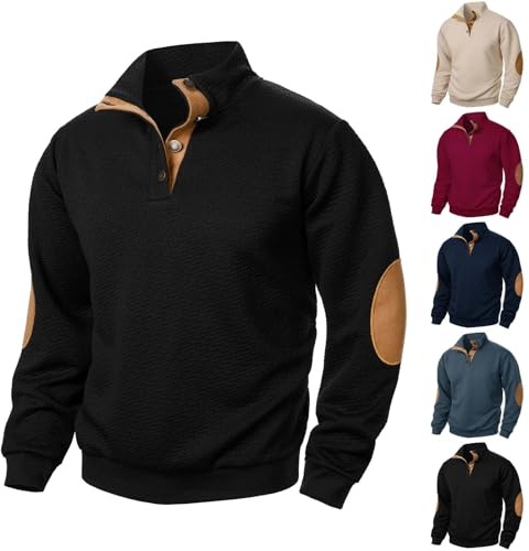 Sudadera de algodón para hombre, cuello y botones, suéter para hombre, botones a presión, cuello alto, manga larga, forro polar, cálido invierno, con parche en el codo para el trabajo y el ocio