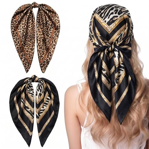 BAUCH 2er Pack Seidentuch Damen Kopftuch Satin Schal 90x90cm - Großes Quadratisches Halstuch mit Leopard & Zebra Muster - Elegantes Haartuch zum Schlafen und Stylen - Bandana Seidenschal für Frauen