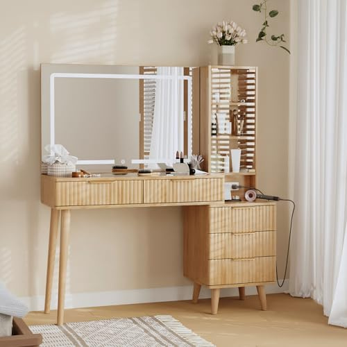 Dressing Table with Large Mirror & Generous Storage & Charging Station | Oak Tempered Glass Top, 5 Drawers & 3-Tier Shelves with glass door, 12V Adjustable Brightness light, Fluted Makeup Vanity