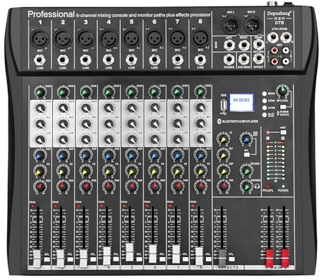 Depusheng DT8 Consola profesional de 8 canales DJ-Soundmix con Bluetooth y 48V Phantom Power USB Jack para grabación de computadora, bandas