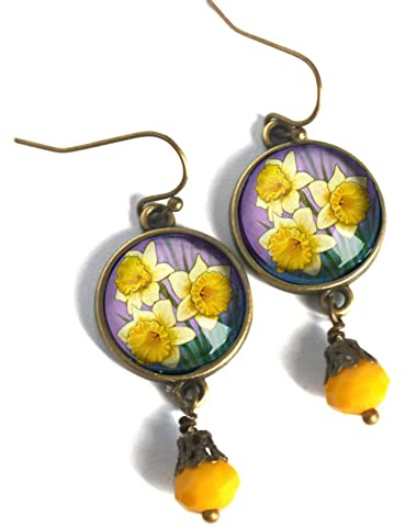 Art Nouveau Daffodil Vintage inspired Cabochon Earrings