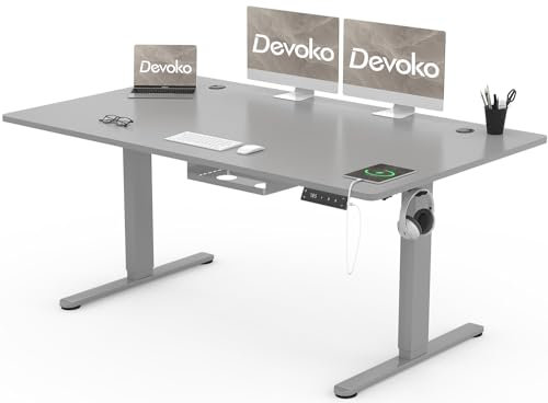 Devoko Höhenverstellbarer Schreibtisch 160x80cm mit Typ-C Ladeanschluss, Schreibtisch Höhenverstellbar Elektrisch, Mobiler Elektrisch Computertisch mit Kabel Management Tray, Grau