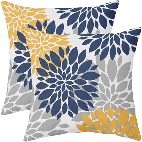 Kissenbezüge, Marineblau, Gelb, 45.7x45.7 cm, 2 Stück, grau, Dahlie, Blume, Outdoor, dekorative Kissen, moderne Geometrie, Kunst, Bauernhaus, Kissenbezüge, Dekoration für Zuhause, Sofa, Couch, Bett