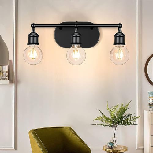 Mengjay vintage negro/oro espejo lámpara para baño, estilo industrial E27 baño espejo luz 3 llamas, retro metal hierro baño lámpara de pared, 42CM baño lámpara de pared (Negro)