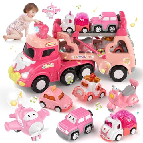 Toddler Girl Truck Car Toys for 1 2 3 Year Old Girl Birthday Gifts, 7-in-1 Pink Princess Transport Carrier Trucks for Toddlers 1-3, Friction Power Toy Cars with Lights & Music, My daughter First Gift