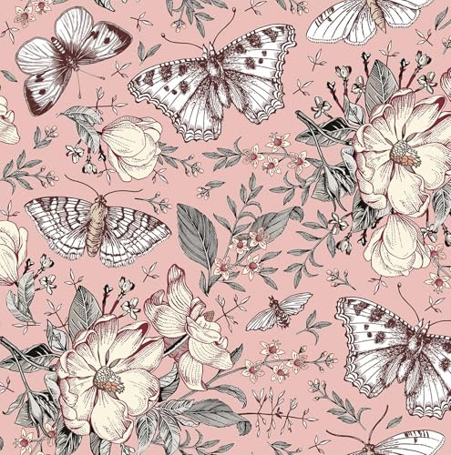 FunStick Papier Peint Chambre Fille Rose Fleur Papillon Papiers Peints Adhesif Mural Fleur Papiers Peints Autocollant Salon Papier Peint Adhesif Floral Rose Enfant Vinyle Adhésif Armoire 44.5CMx3M