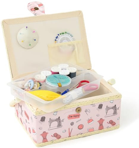 NOTIONSLAND Nähkörbe für Zuhause, mittelgroße Nähbox zur Aufbewahrung und Organisation, Nähkorb mit Zubehör, Geschenk für Weihnachten, Erntedank, Muttertag (Rosa)