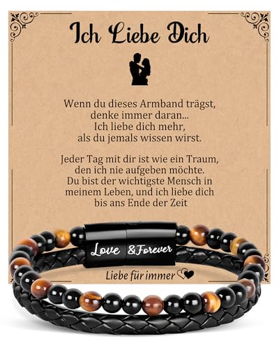 Focxoio Ich Liebe Dich Geschenke für Männer, Lederarmband mit Tigerauge Perlen für Papa Sohn Opa Enkel Mann Neffe Bruder, Perlenarmband zum Geburtstag Weihnachten Vatertag Valentinstag