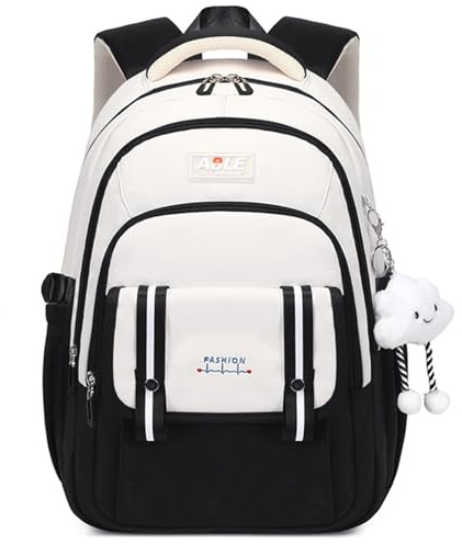 Tanou Sac à Dos Fille Adolescent, Grande Capacité Cartable Fille pour École Primaire College Lycée, Sac a Dos Scolaire Renforcé à la Mode et Décontracté avec Pendentif, Noir