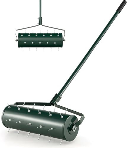 Arieggiatore per prato da 45 cm/53 cm, attrezzo per la cura del prato con rullo spanditore per impieghi gravosi, manico in metallo da 130 cm, tamburo riempibile, rullo arieggiatore manuale per prato
