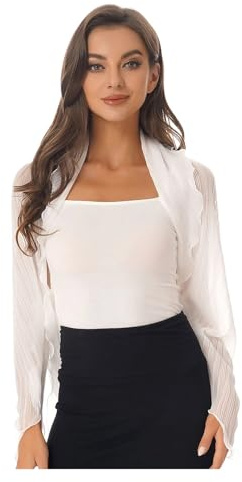 Capa Gasa Fiesta Bolero de Gasa de Manga Larga for Mujer, Tipo Camisola, con Abertura Frontal y protección Solar(White)