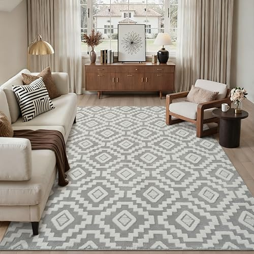 PureCozy Grau Weiß Teppich Wohnzimmer 200x300cm Boho Schlafzimmer Waschbarer Groß Teppiche 3D Effekt Gegend Kurzflor Flauschig Rutschmatte Esszimmer Kinderzimmer Bettvorleger Carpet