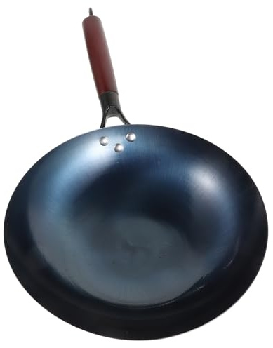 POPETPOP Wok de Hierro con Mango de Madera, Sartén sin Antiadherente Fácil de Limpiar, Diseño Sencillo y Elegante para Cocina Doméstica