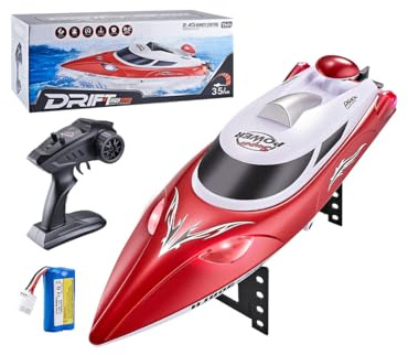 MechEdu 35KM/H Hochgeschwindigkeits RC Boot, 2,4GHz Wasserdichtes RC Boot mit LED-Lichtern, EIN-Knopf-Kehrfunktion, Niederbatterie- & Reichweitenalarm, RTR für See & Pool (Rot)