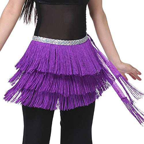 Wuchieal Bauchtanz Kostüm Latin Dance Pailletten Quaste Fransen Outfits Rock für Damen (Lila, One Size)