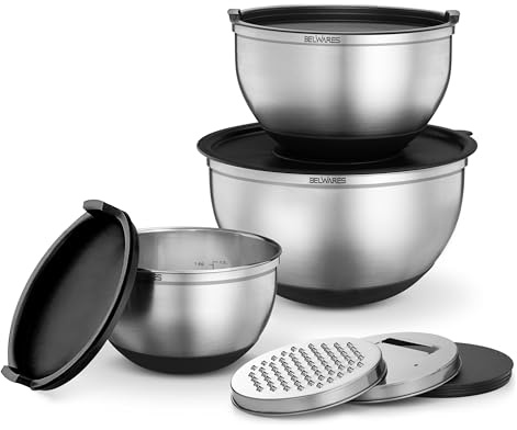 Belwares Lot de 3 bols mélangeurs avec couvercles – Bols gigognes avec râpes, poignée, bec verseur, couvercles hermétiques – Bol mélangeur antidérapant en acier inoxydable pour la cuisine, la