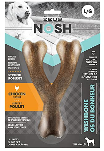 ZEUS Nosh Strong Dog Chew Bones, Dog Chew Toys for Aggressive Chewers, Long Lasting Chicken Flavor, Large Wishbone, Brown (96442)